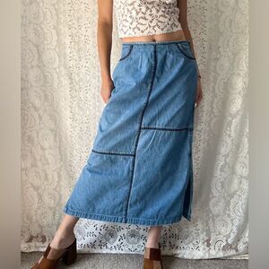 Vintage 90s Whipstitch Denim Midi Skirt Panel Stitch Detail Side Slit L